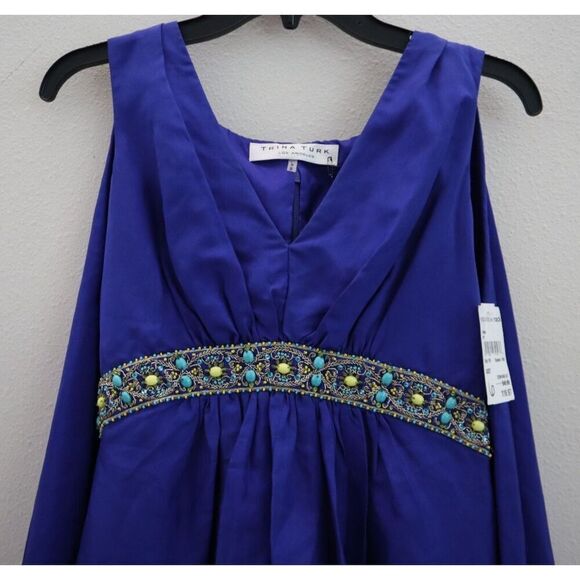 Trina Turk 2103630 Women Sz 6 Lapis Blue Embellished Romani Cape Silk Dress - Picture 4 of 14